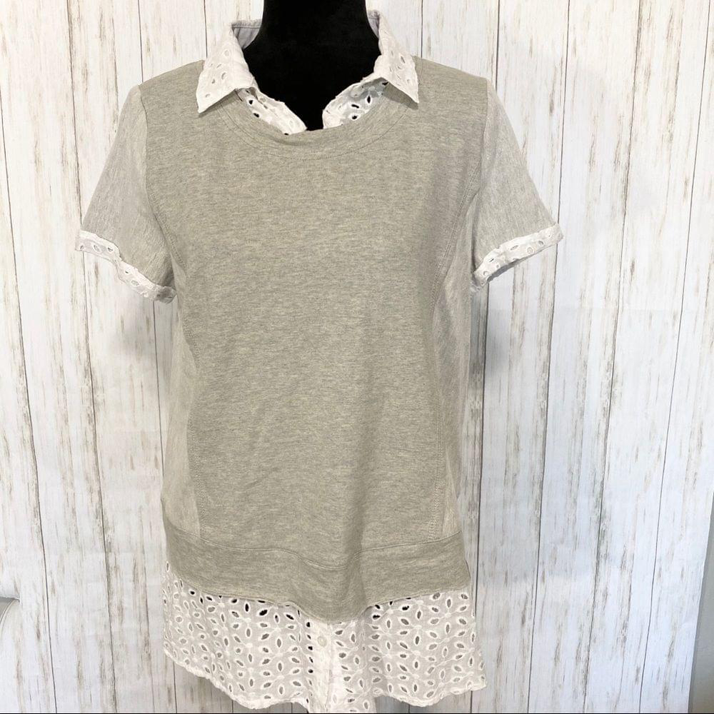 HEM & Thread top grey white eyelet faux blouse pullover - Picture 2 of 8